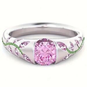 NEW Pink Sapphire Silver Field Modern Floral Emerald Elegant Anniversary Ring